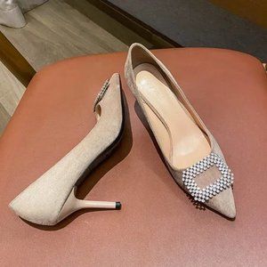 Women New velvet fine heel rhinestone cubes with pointed shallow mouth shoes